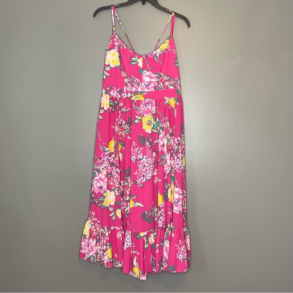 Nine West Hot Pink Yellow Floral Sun Midi Dress Size 12 (NWT)
